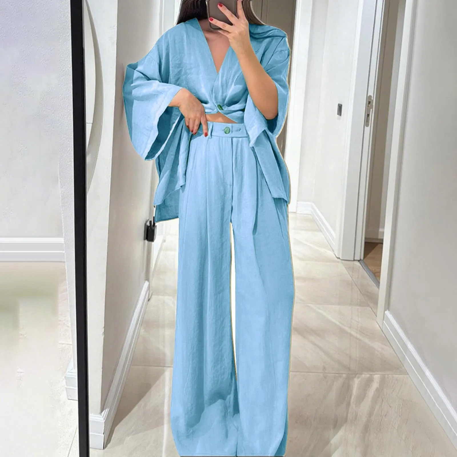 Two Piece Outfits For Women V Neck Button Down Shirt Top And Wide Leg Pants Set Loose Sweatsuits Conjunto Dos Piezas Mujer
Two Piece Outfits For Women V Neck Button Down Shirt Top And Wide Leg Pants Set Loose Sweatsuits Conjunto Dos Piezas Mujer