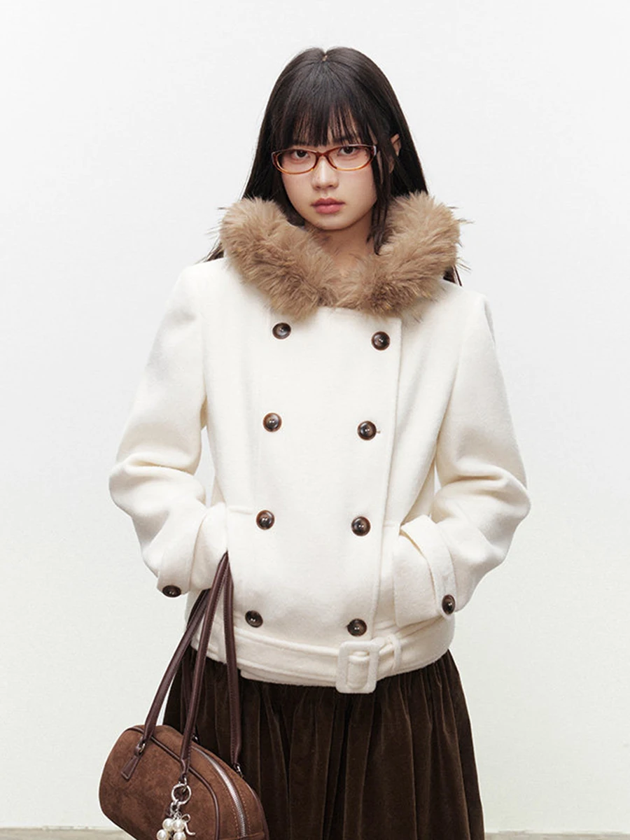 Women's Double-Breasted Woolen Coat Winter ort Waist-Cinching Hat with Large Fur Collar Double-Breasted Button-Up Outerwear
Women's Double-Breasted Woolen Coat Winter ort Waist-Cinching Hat with Large Fur Collar Double-Breasted Button-Up Outerwear
