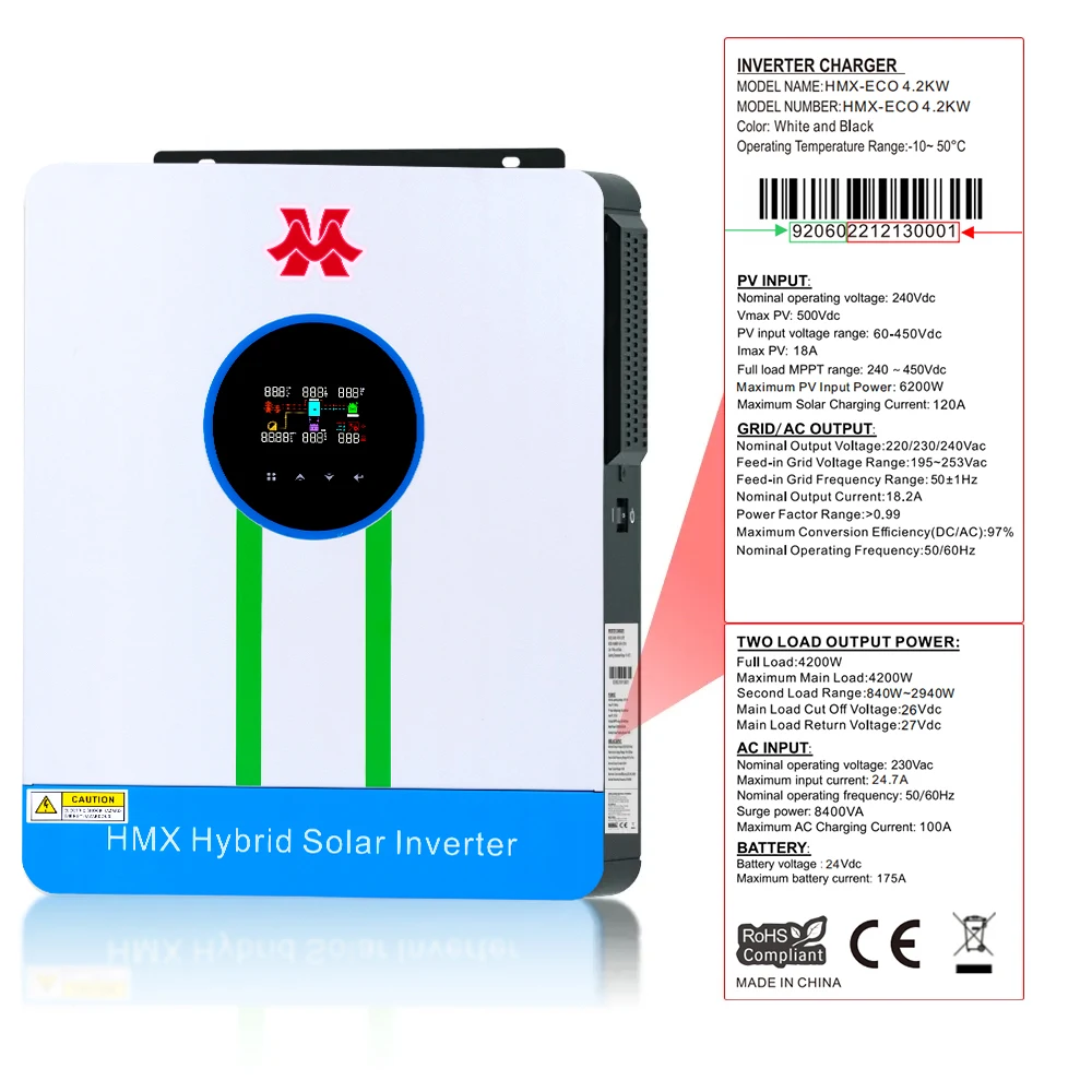 24V 4.2KW 4200W Single Phase Pure Sine Wave Hybrid Solar Inverter 220/230V Built-in 120A MPPT On/Off Grid Solar Hybrid Inverter
24V 4.2KW 4200W Single Phase Pure Sine Wave Hybrid Solar Inverter 220/230V Built-in 120A MPPT On/Off Grid Solar Hybrid Inverter