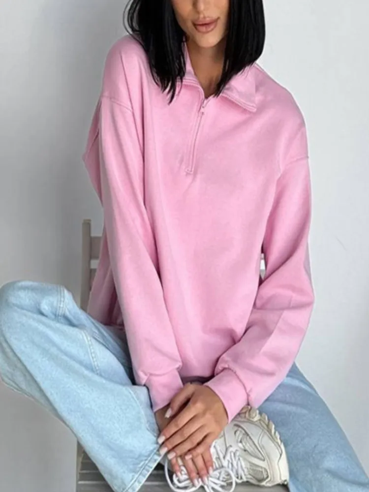 Новый осенне-зимний повседневный однотонный свободный женский свитшот с длинными рукавами и лацканами на молнии, женские базовые теплые пуловеры, женская одежда
Новый осенне-зимний повседневный однотонный свободный женский свитшот с длинными рукавами и лацканами на молнии, женские базовые теплые пуловеры, женская одежда