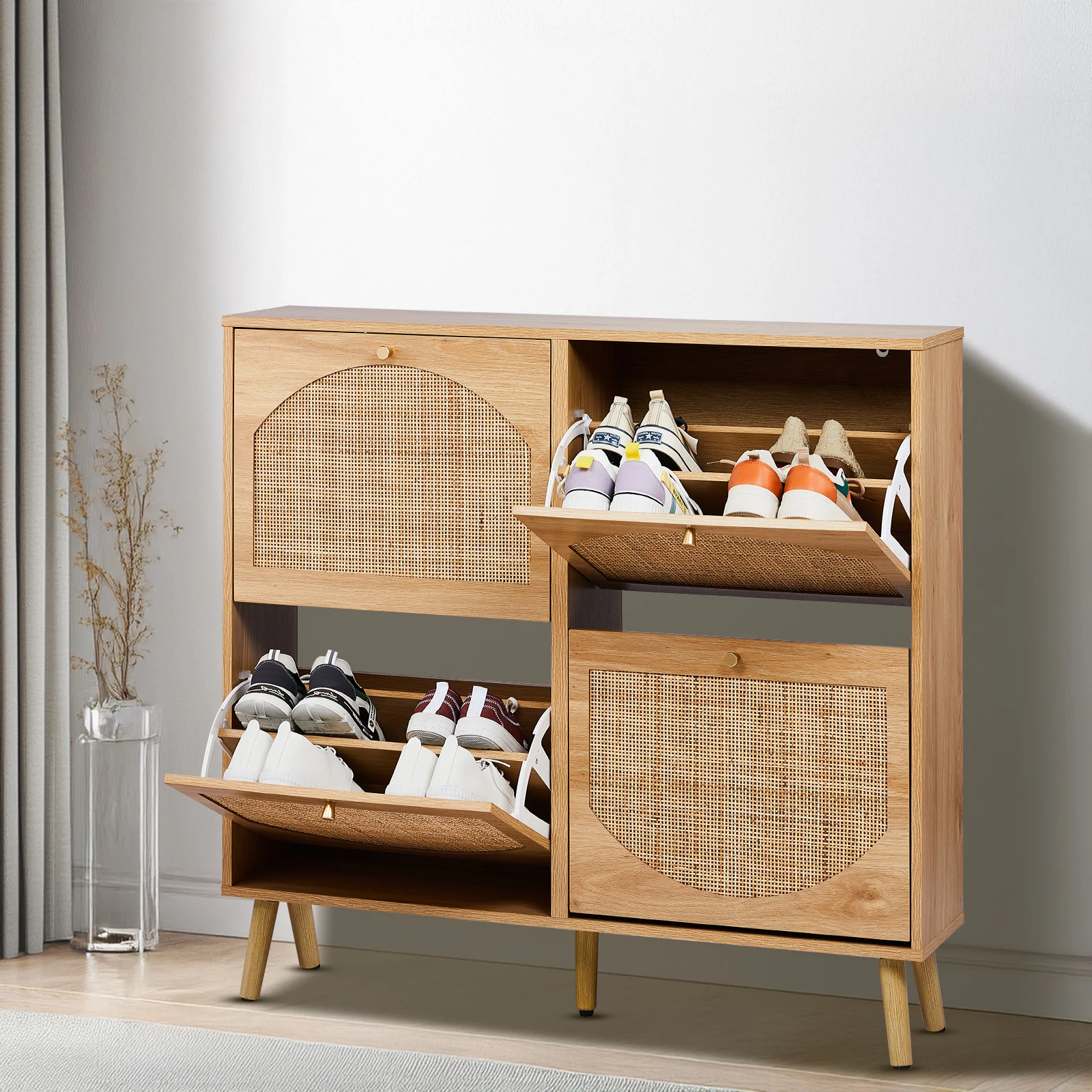 2 Rows 4 Door High Leg Rattan Shoe Cabinet Melamine Board 105×24×98cm Wood Tone
2 Rows 4 Door High Leg Rattan Shoe Cabinet Melamine Board 105×24×98cm Wood Tone