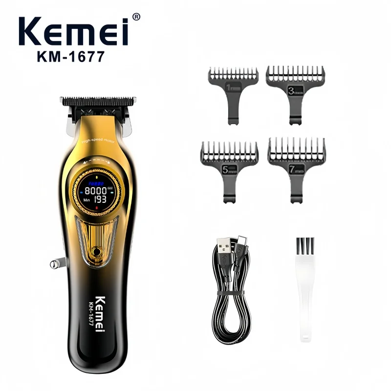 Kemei KM-1677 Professional Cordless Hair Clipper with 20-Speed Adjustment, USB Charging, Styling Trimmer for Barbers.
Kemei KM-1677 Professional Cordless Hair Clipper with 20-Speed Adjustment, USB Charging, Styling Trimmer for Barbers.