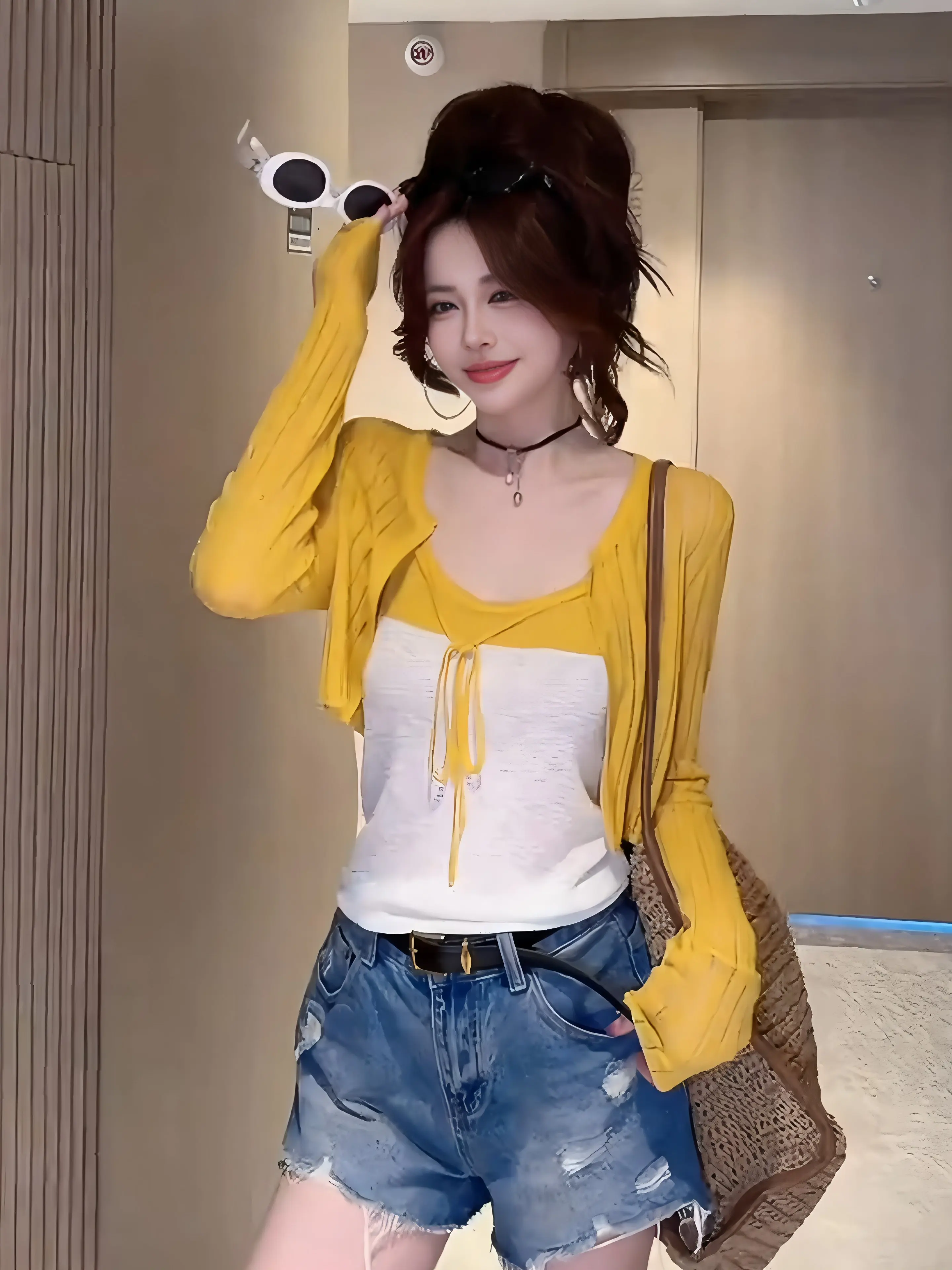 Korean Style Sweet Color Block Belted Open Cardigan Two Piece Set Women Summer Slimming Short Size Fashion Set Women's Clothing
Korean Style Sweet Color Block Belted Open Cardigan Two Piece Set Women Summer Slimming Short Size Fashion Set Women's Clothing