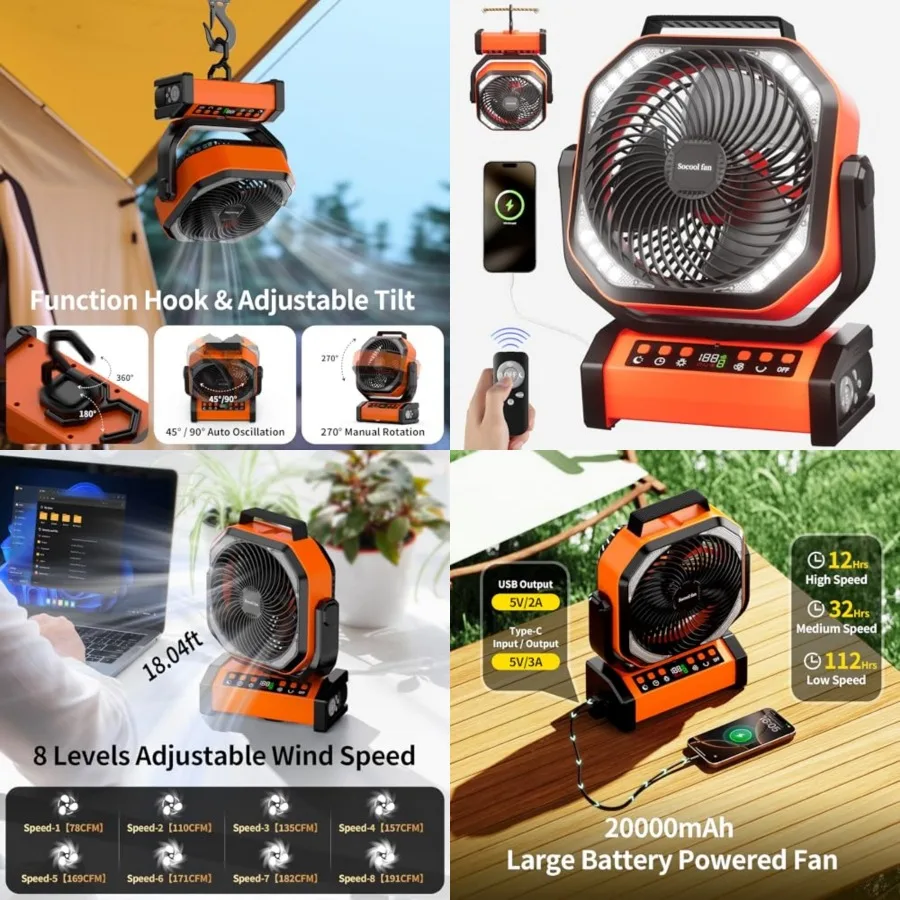 Socool Camping Fan with Light, 20000mAh Rechargeable Battery Fan with Remote, 112Hrs and 8 Speeds, Digital Display, Timer, Auto
Socool Camping Fan with Light, 20000mAh Rechargeable Battery Fan with Remote, 112Hrs and 8 Speeds, Digital Display, Timer, Auto