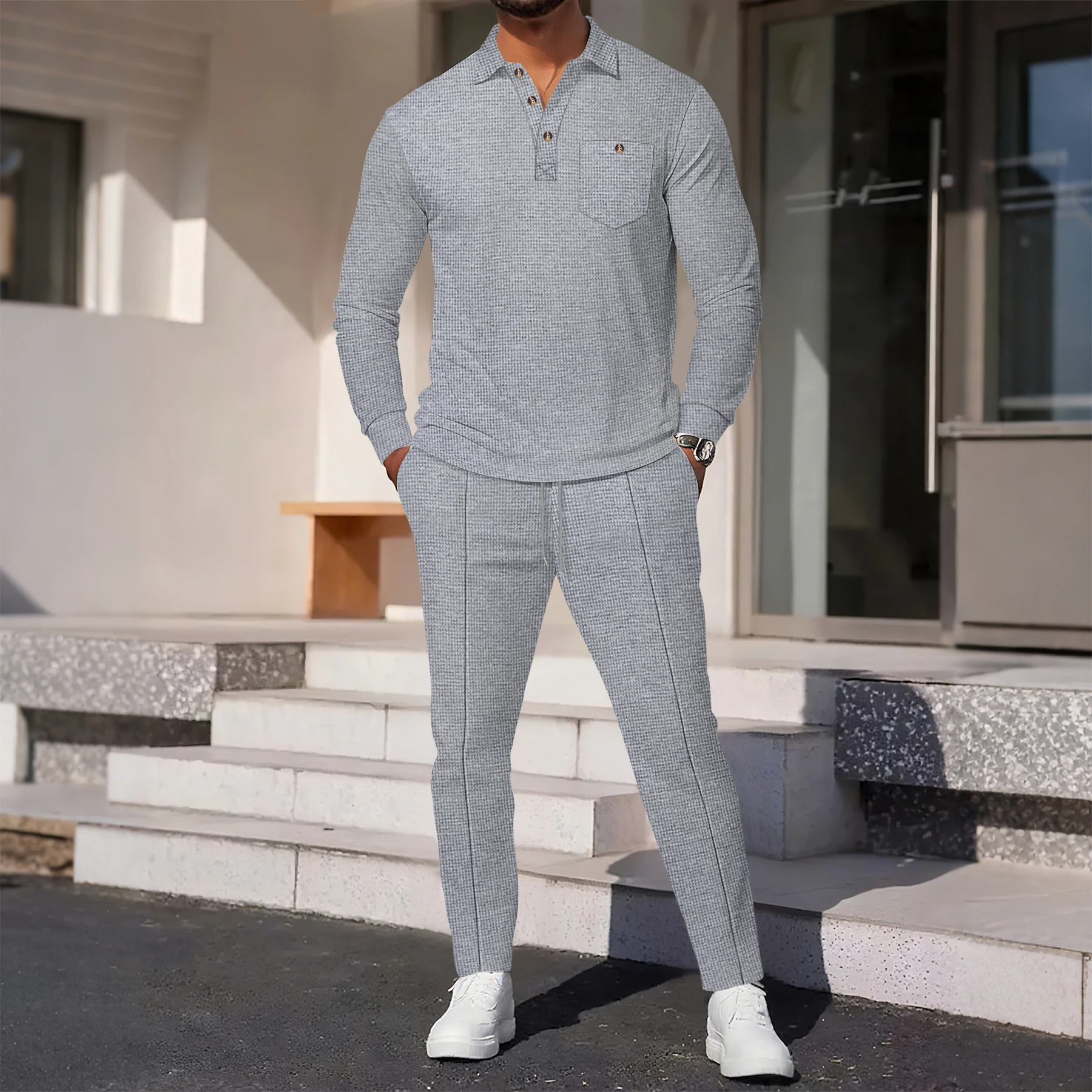 Men's Mature Style Textured Outfit, Breathable Waffle Knit Polo Shirt + Elastic Waist Casual Pants for Spring and Autumn
Men's Mature Style Textured Outfit, Breathable Waffle Knit Polo Shirt + Elastic Waist Casual Pants for Spring and Autumn