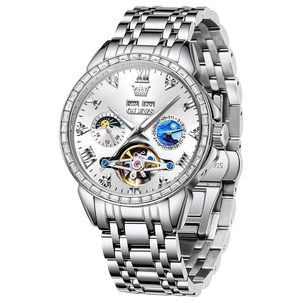 OLEVS Multi-functional Men's Automatic Mechanical Watches Stainless Steel Strap Waterproof Skeleton Tourbillon Watch Moon Phase
OLEVS Multi-functional Men's Automatic Mechanical Watches Stainless Steel Strap Waterproof Skeleton Tourbillon Watch Moon Phase
