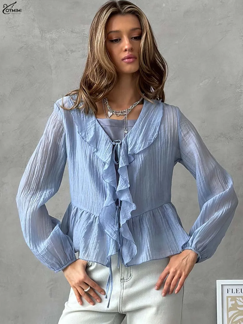 Oymimi Fashion Blue Loose Woman Blouses Elegant V-Neck Ruffled Long Sleeve Blouses Casual New Lace-Up Solid Blouse Streetwear
Oymimi Fashion Blue Loose Woman Blouses Elegant V-Neck Ruffled Long Sleeve Blouses Casual New Lace-Up Solid Blouse Streetwear