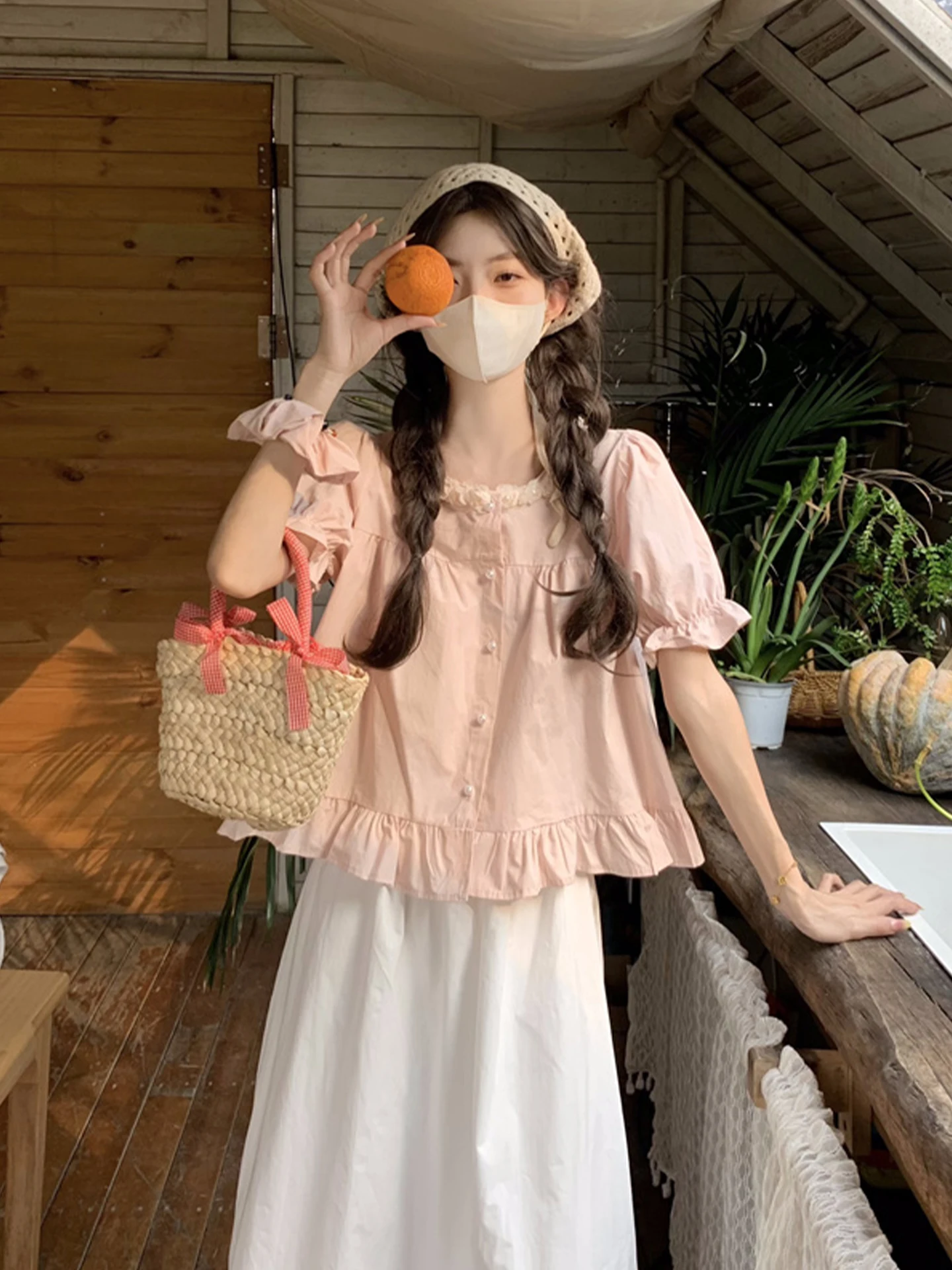 Pink Sweet Style Bubble Sleeve Shirt for Women with 3D Flower Embellishment Girl Cartoon Design Summer Anti-Wrinkle Top
Pink Sweet Style Bubble Sleeve Shirt for Women with 3D Flower Embellishment Girl Cartoon Design Summer Anti-Wrinkle Top