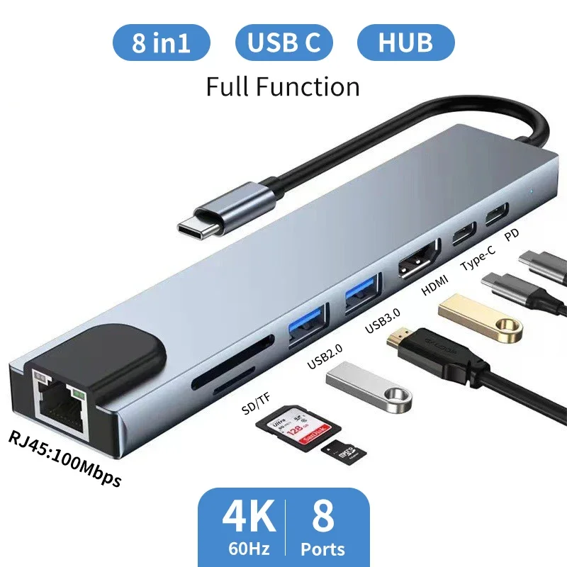 USB C Hub 8 in 1 TYPE C TO HDMI Type C to 4K HDMI Adapter with RJ45 SD/TF Card Reader Fast Charger For Notebook Laptop
USB C Hub 8 in 1 TYPE C TO HDMI Type C to 4K HDMI Adapter with RJ45 SD/TF Card Reader Fast Charger For Notebook Laptop