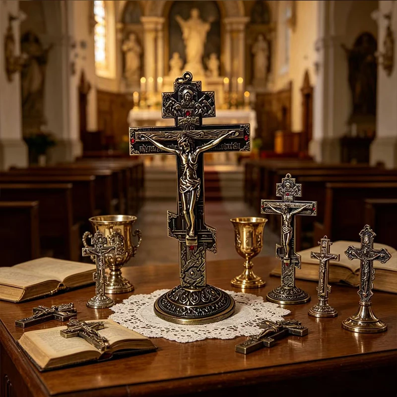 Antique Bronze Plated Tabletop Orthodox Crucifix with Relief Icons & Red Rhinestones for Catholic Christian Home Altar Gift Deco
Antique Bronze Plated Tabletop Orthodox Crucifix with Relief Icons & Red Rhinestones for Catholic Christian Home Altar Gift Deco