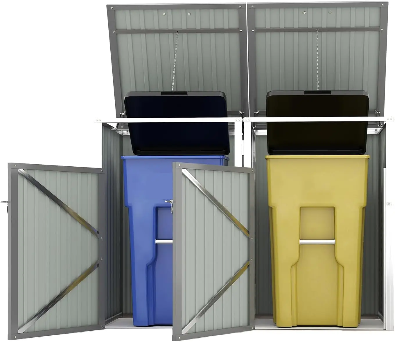 Outdoor Trash Can Storage Shed, 54 Cubic Feet of Space, Stores 2 Trash Cans Metal Outdoor Storage
Outdoor Trash Can Storage Shed, 54 Cubic Feet of Space, Stores 2 Trash Cans Metal Outdoor Storage