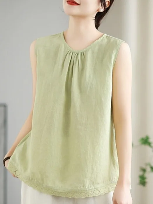 Summer New plus Size Women's Cotton Linen Color Vest Loose round Neck Lace Patchwork Splicing Pleated Casual Top
Summer New plus Size Women's Cotton Linen Color Vest Loose round Neck Lace Patchwork Splicing Pleated Casual Top