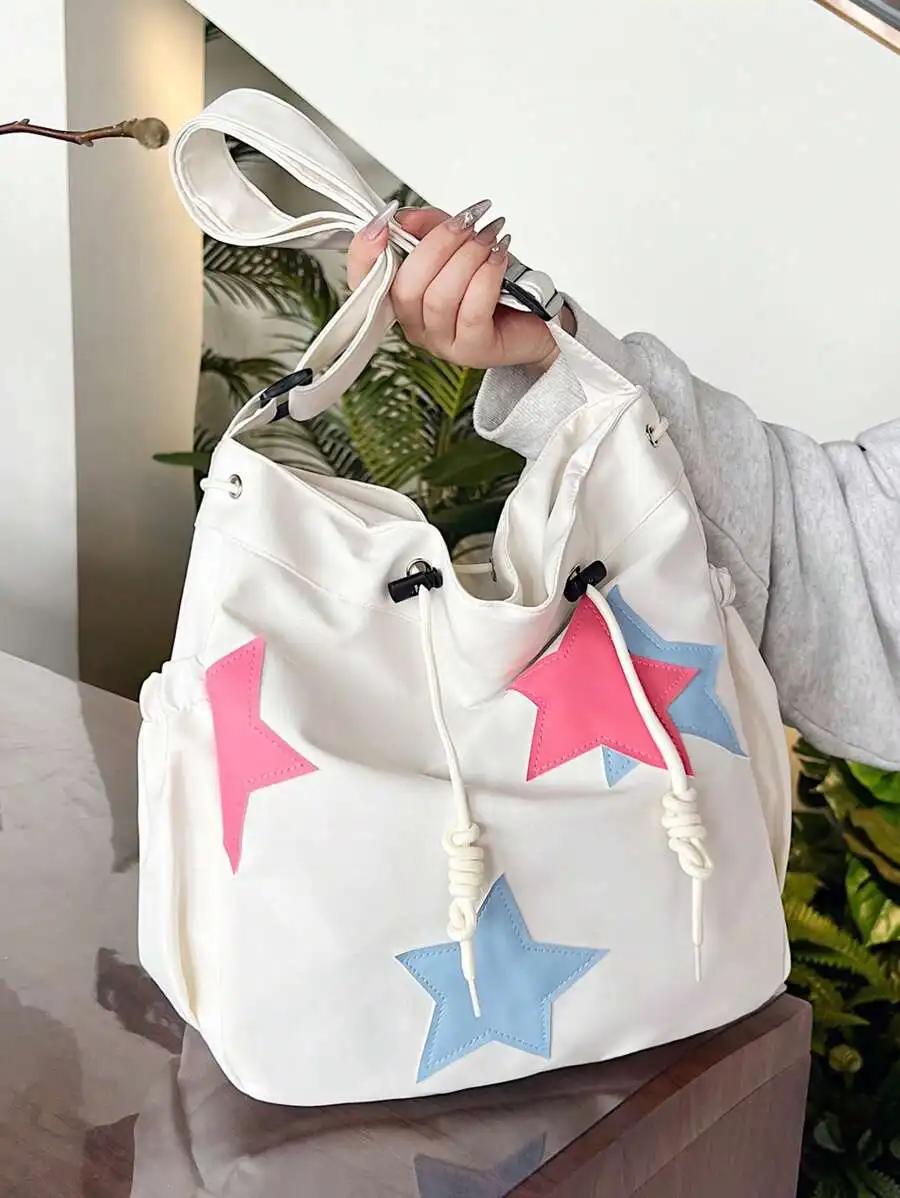 White Nylon Drawstring Tote Bag with Pink & Blue Star Appliqués, Large Capacity Shoulder Crossbody Bag
White Nylon Drawstring Tote Bag with Pink & Blue Star Appliqués, Large Capacity Shoulder Crossbody Bag