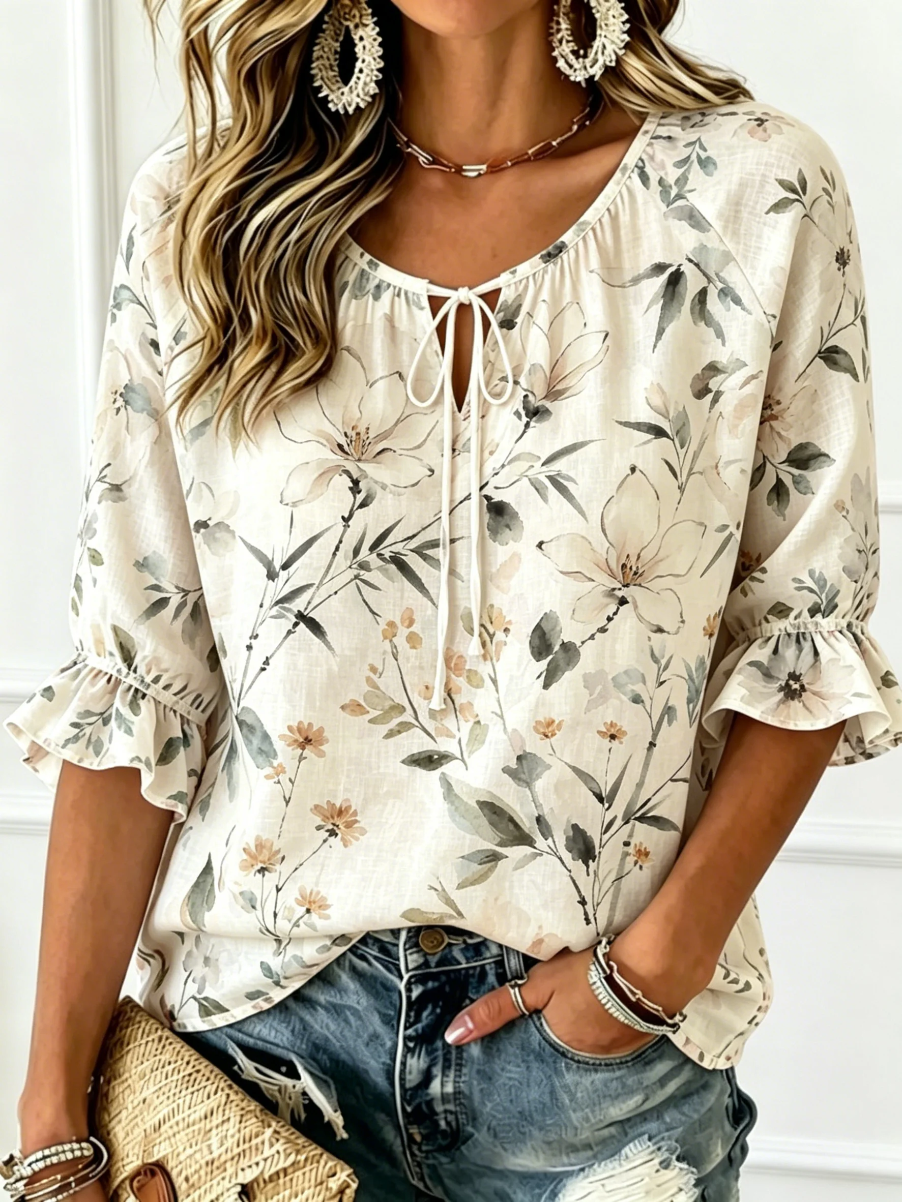 Women's Tie Keyhole Neck Blouse, Off White Base Ink Wash Magnolia Bamboo Floral Print, Loose Fit for Spring Summer Daily Outfits
Women's Tie Keyhole Neck Blouse, Off White Base Ink Wash Magnolia Bamboo Floral Print, Loose Fit for Spring Summer Daily Outfits