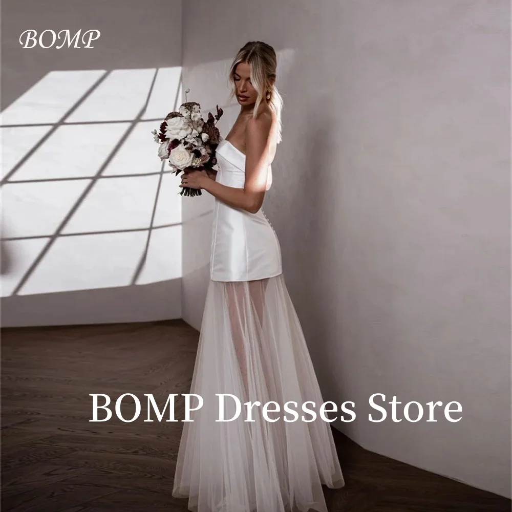 BOMP Illusion Strapless White Wedding Party Dress A-Line Floor Length Taffeta Tulle Formal Evening Bridal Gown Customzied Simple
BOMP Illusion Strapless White Wedding Party Dress A-Line Floor Length Taffeta Tulle Formal Evening Bridal Gown Customzied Simple