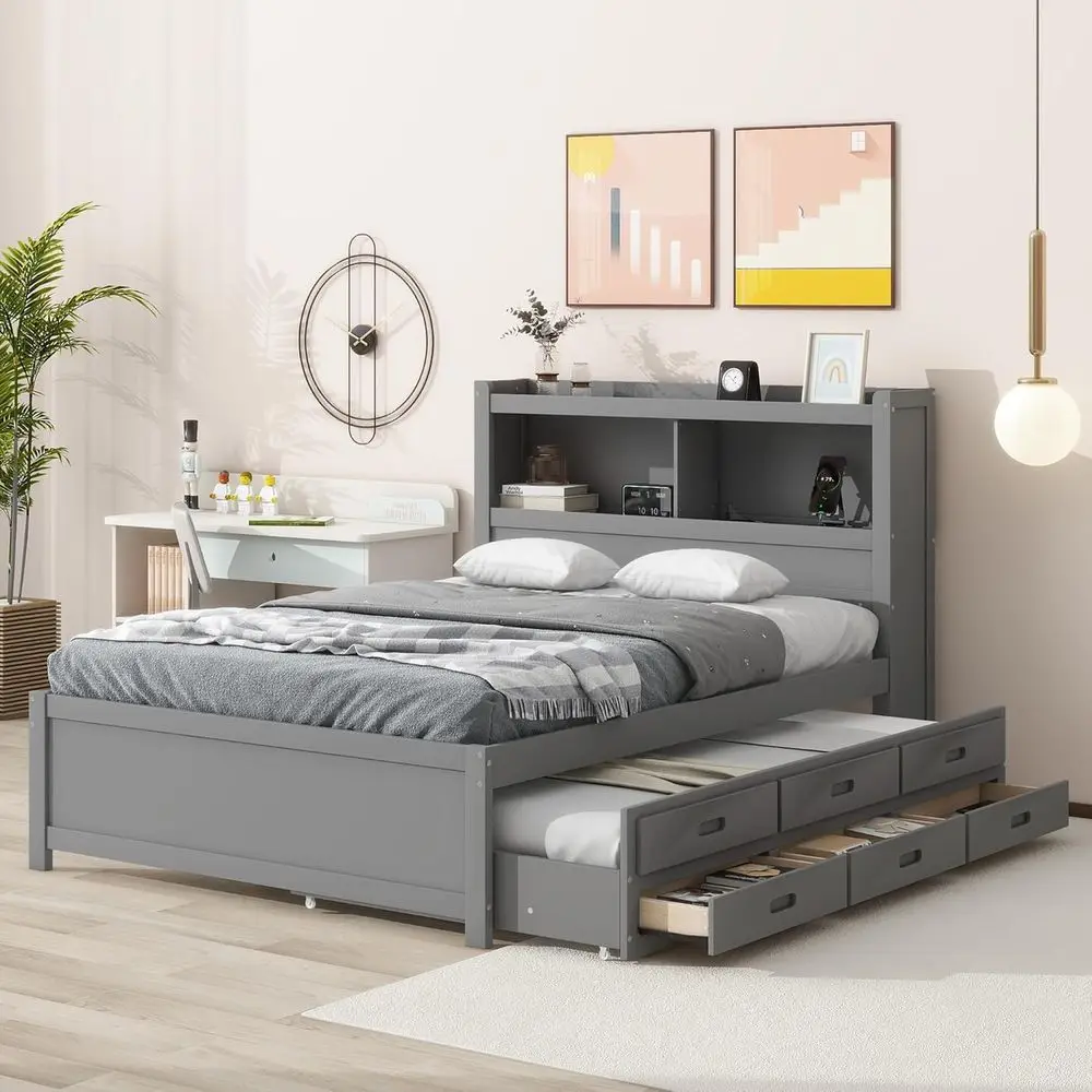 Full Size Platform Bed with Storage, Bookcase, and Trundle - Wooden Bed with Drawers & USB Ports for Kids, Teens, Adults - Gray
Full Size Platform Bed with Storage, Bookcase, and Trundle - Wooden Bed with Drawers & USB Ports for Kids, Teens, Adults - Gray
