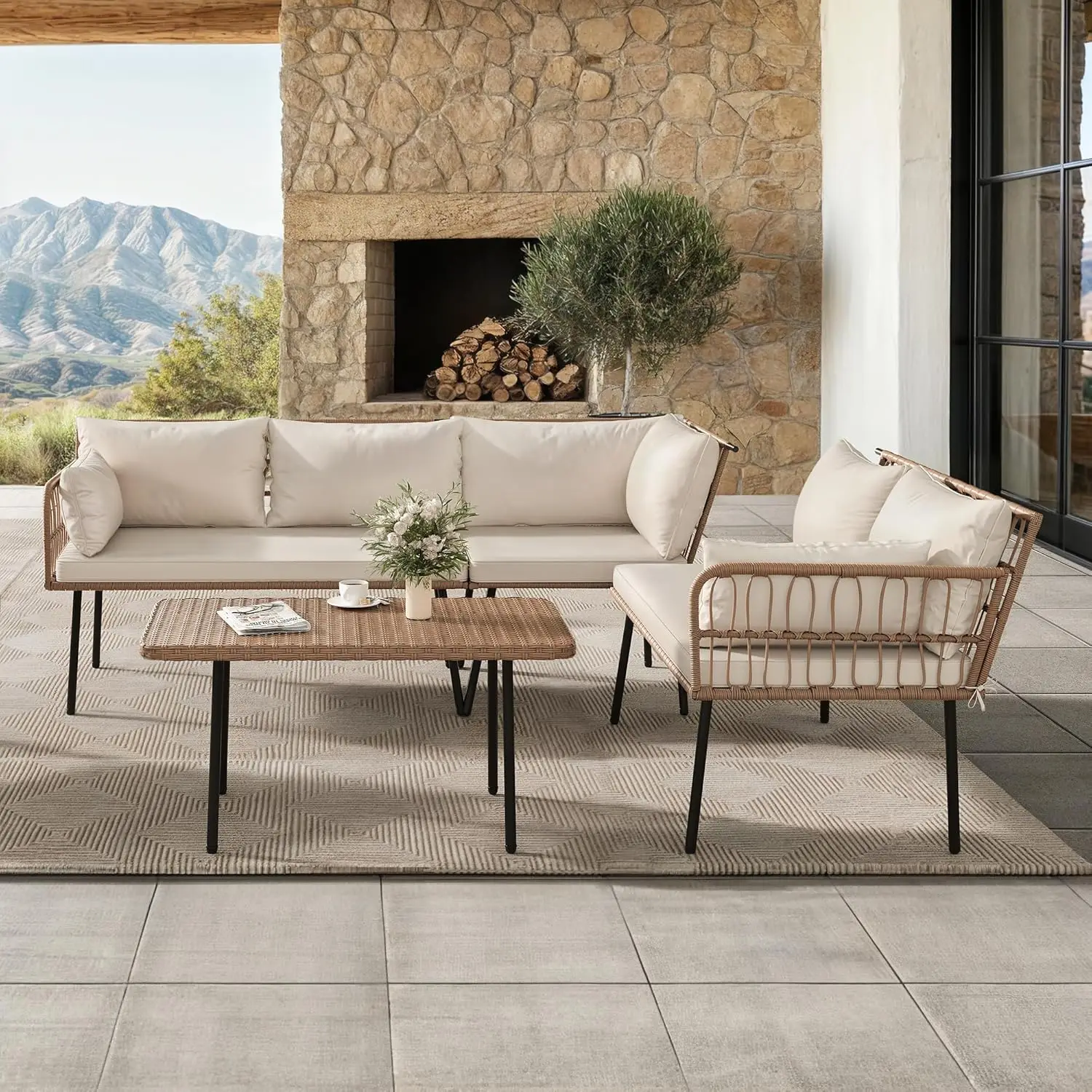 4-Piece Wicker Patio Furniture Set, All Weather PE Rattan Conversation Set Sectional Sofa with Soft Cushions & Side Table
4-Piece Wicker Patio Furniture Set, All Weather PE Rattan Conversation Set Sectional Sofa with Soft Cushions & Side Table