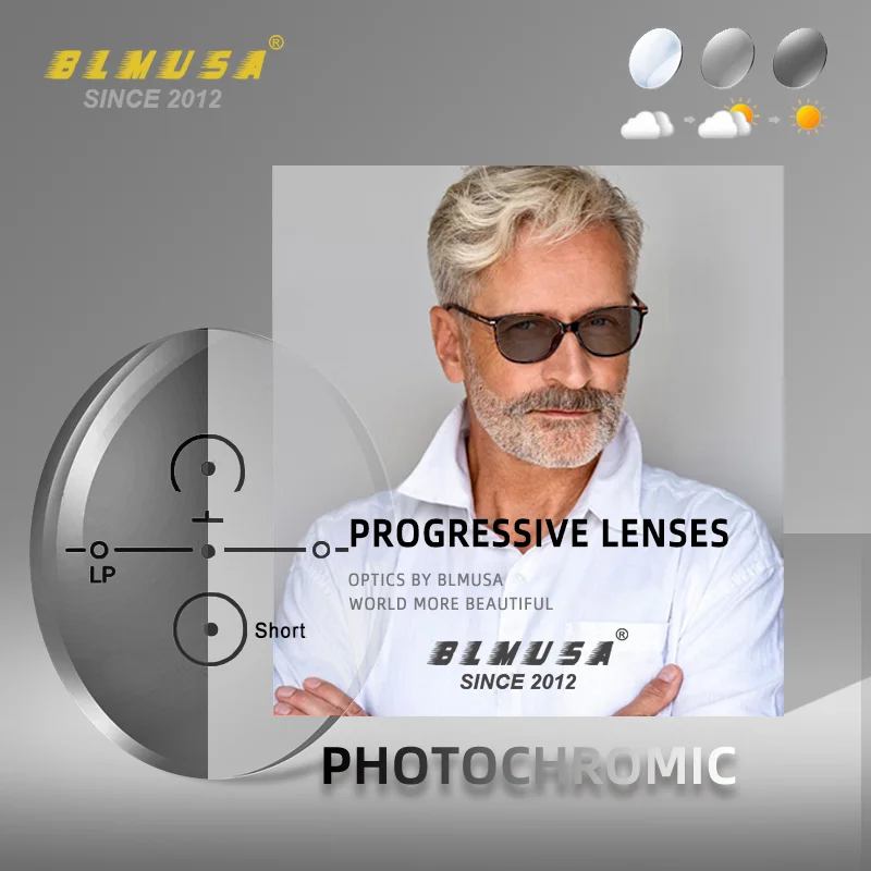 BLMUSA Anti Blue Light Rays Photochromic Series Progressive Lens 1.56 1.61 1.67 1.74 Prescription CR-39 Resin Aspheric Lenses
BLMUSA Anti Blue Light Rays Photochromic Series Progressive Lens 1.56 1.61 1.67 1.74 Prescription CR-39 Resin Aspheric Lenses
