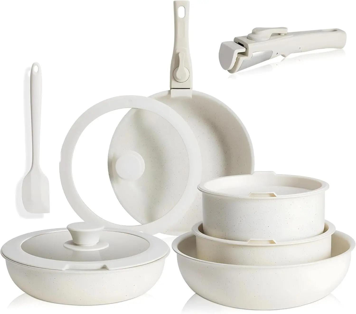 12-Piece Non-Stick Cookware Set with Beige Granite Texture, Detachable Handles, Oven Safe, PFAS/PFOA Free
12-Piece Non-Stick Cookware Set with Beige Granite Texture, Detachable Handles, Oven Safe, PFAS/PFOA Free