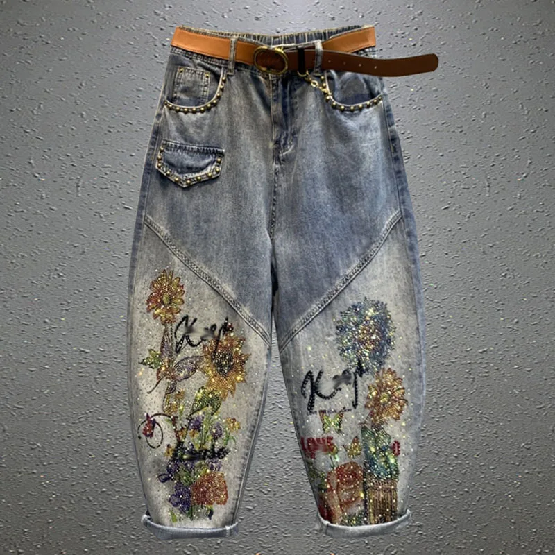Heavy Embellished Floral Print Rhinestone Denim Harem Pants Women's Spring Fashion Casual Cotton Stretch Jeans
Heavy Embellished Floral Print Rhinestone Denim Harem Pants Women's Spring Fashion Casual Cotton Stretch Jeans