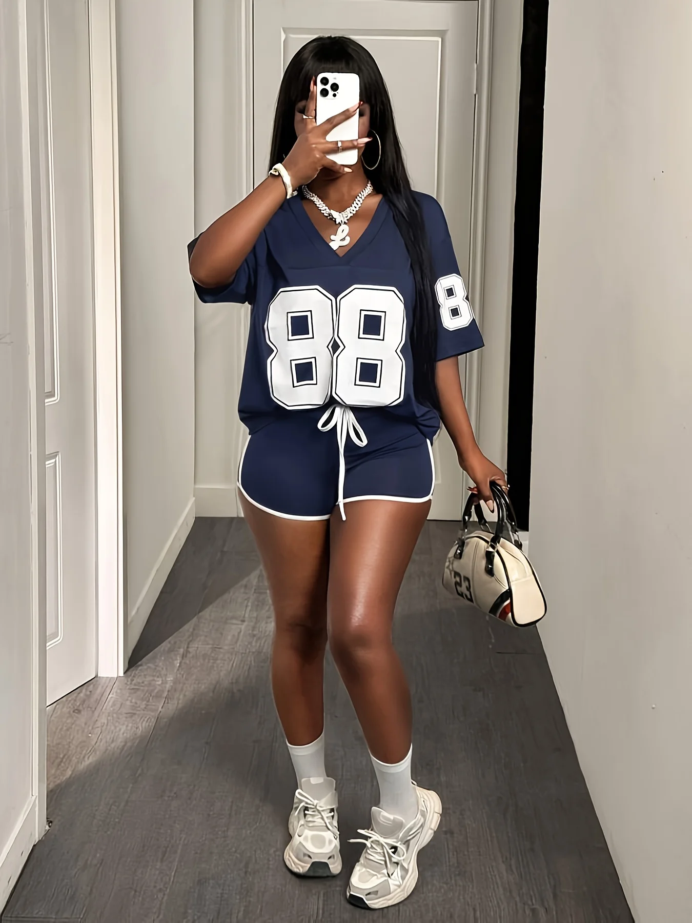 Ladies Casual Sport 2-Piece Set V-Neck Color Block Loose T-Shirt Slim Fit Shorts Combo Comfortable Fashion Outfit
Ladies Casual Sport 2-Piece Set V-Neck Color Block Loose T-Shirt Slim Fit Shorts Combo Comfortable Fashion Outfit
