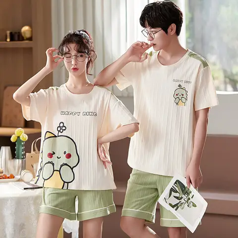 Summer Couple Pajamas Set New Green Little Dinosaur Loose Cotton Nightwear Mujer Casual Home Suit Sweet Sleepwear For Women Men