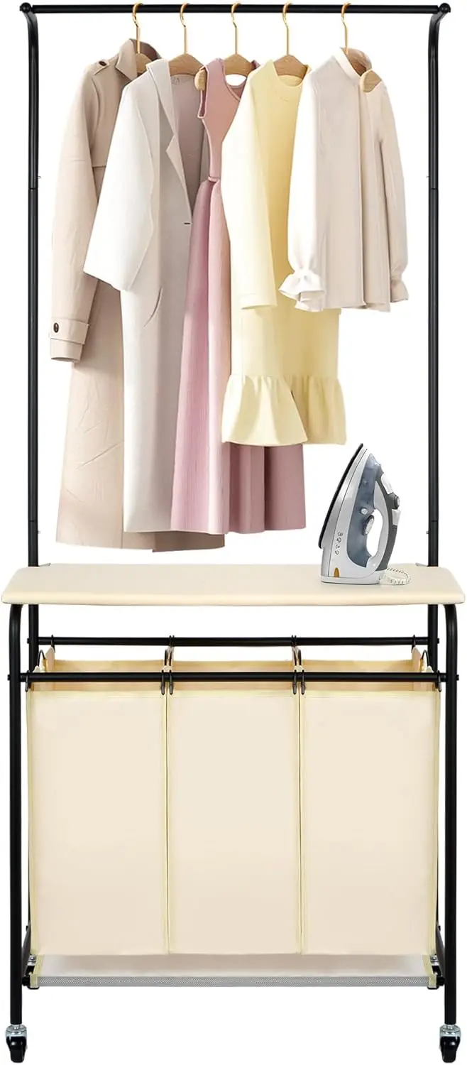 3 Section Laundry Sorter with Hanging Bar and Foldable Ironing Board, Heavy Duty Rolling Laundry Cart with Lockable Wheels and 3
3 Section Laundry Sorter with Hanging Bar and Foldable Ironing Board, Heavy Duty Rolling Laundry Cart with Lockable Wheels and 3