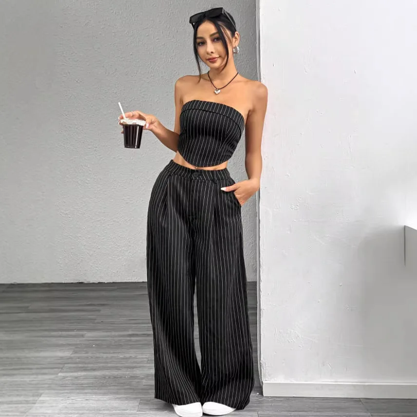 Slimming Stripe Fashionable Women's Set with Shoulderless Top And Loose Trousers Long Pants Composite Fabric Other Material 100
Slimming Stripe Fashionable Women's Set with Shoulderless Top And Loose Trousers Long Pants Composite Fabric Other Material 100