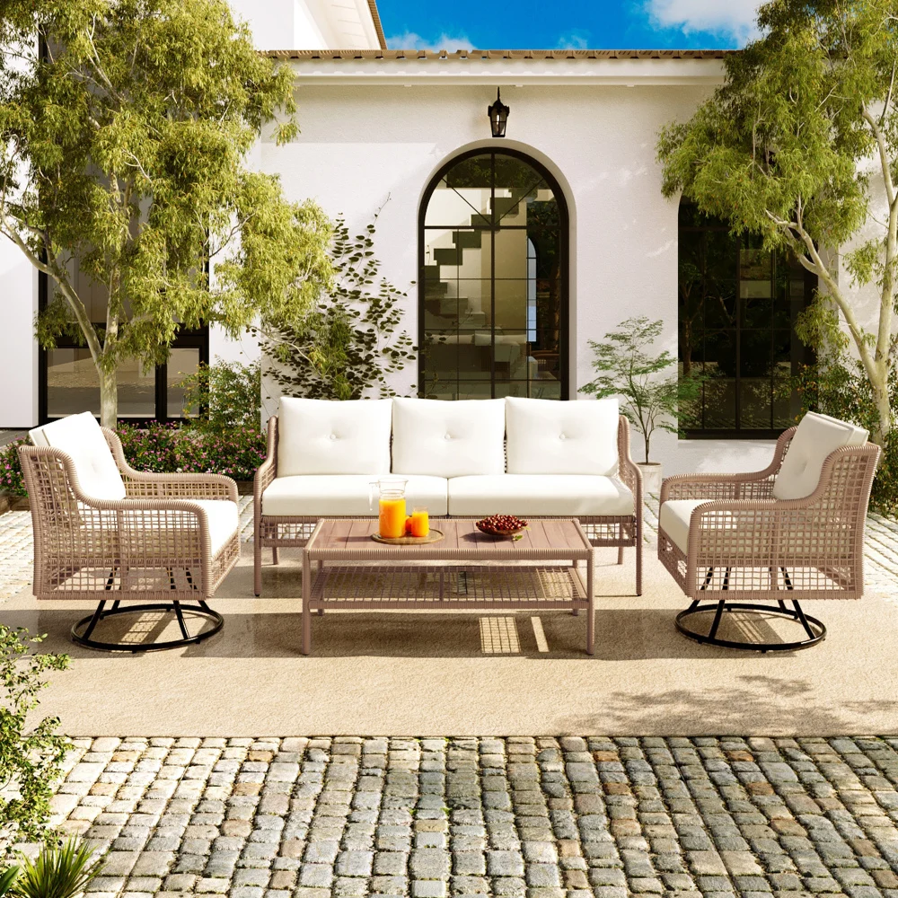 4 Pieces Patio Furniture Set with Swivel Chairs, Outdoor Wicker Sofas for 5-person, Sectional Rattan Outdoor Conversation Set
4 Pieces Patio Furniture Set with Swivel Chairs, Outdoor Wicker Sofas for 5-person, Sectional Rattan Outdoor Conversation Set