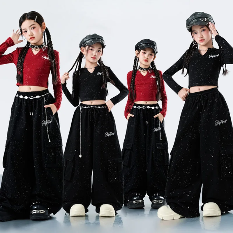 Kid Kpop Hip Hop Clothing Black Red Silver V Neck Long Sleeve Crop T Shirt Top Street Cargo Pants for Girl Dance Costume Clothes
Kid Kpop Hip Hop Clothing Black Red Silver V Neck Long Sleeve Crop T Shirt Top Street Cargo Pants for Girl Dance Costume Clothes