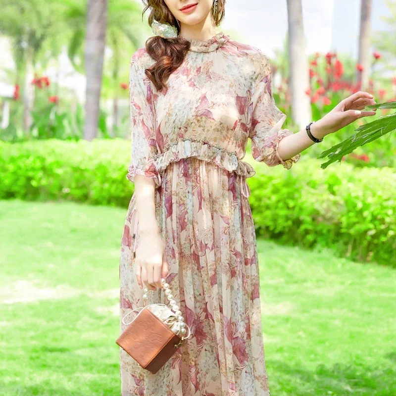 Floral Dress For Women 100% Mulberry Silk Dress Women's Summer Elegant High-end Drawstring Waist Slim Dress Women Clothes 
Floral Dress For Women 100% Mulberry Silk Dress Women's Summer Elegant High-end Drawstring Waist Slim Dress Women Clothes