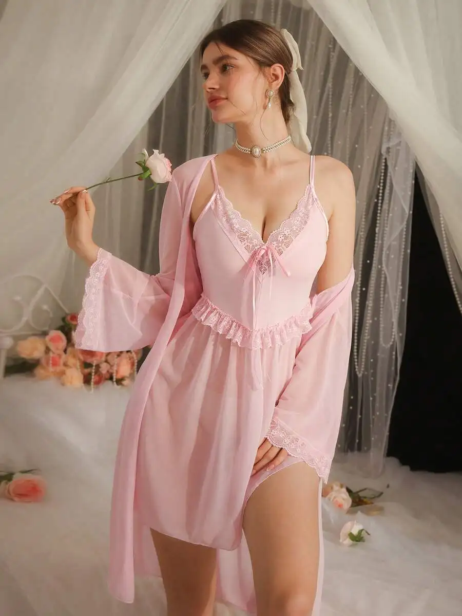 Pink Lace Deep V Lingerie Set With Bow And Sheer Robe For Women
Pink Lace Deep V Lingerie Set With Bow And Sheer Robe For Women