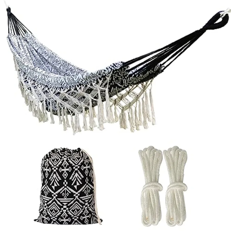 Black with Wirte Bohemian Striped Fringe Double Hammock - Soft Cotton Fabric Outdoor Indoor Hanging Bed with Durable Ropes Spac
Black with Wirte Bohemian Striped Fringe Double Hammock - Soft Cotton Fabric Outdoor Indoor Hanging Bed with Durable Ropes Spac