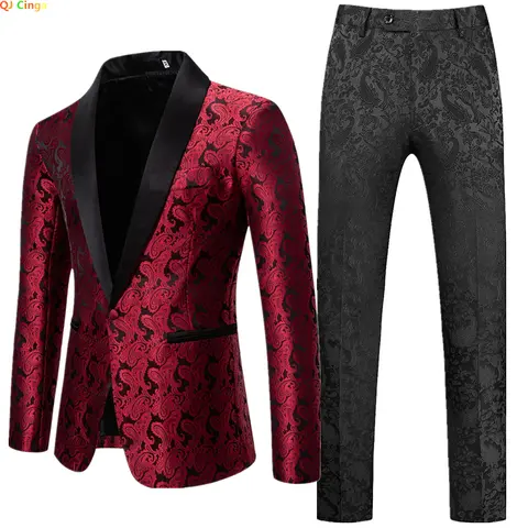 2026 New Men's Burgundy Suit Two-Piece, Wedding Party Dress Jacket with Pants, White Blue Black Blazers and Trousers S-XXL