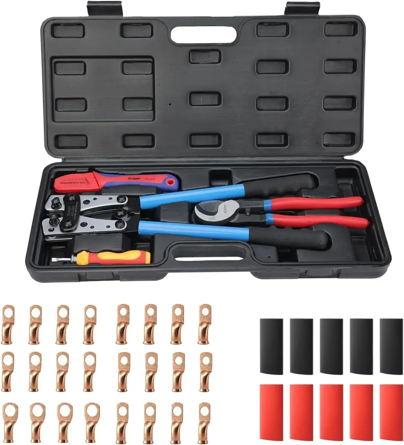 Battery Cable Crimping Tool Kit with Stripper, Copper Lugs, Heat Shrink Tubes for AWG 8-1/0 - Includes Wire Cutter
Battery Cable Crimping Tool Kit with Stripper, Copper Lugs, Heat Shrink Tubes for AWG 8-1/0 - Includes Wire Cutter