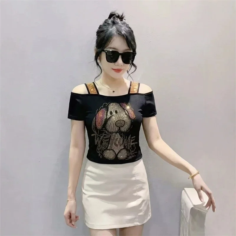 New European Clothing Ladies Fashion T-shirt Summer Sexy Off Shoulder Short Sleeve Luxury Diamond Tees Slim Fit Women's Top
New European Clothing Ladies Fashion T-shirt Summer Sexy Off Shoulder Short Sleeve Luxury Diamond Tees Slim Fit Women's Top