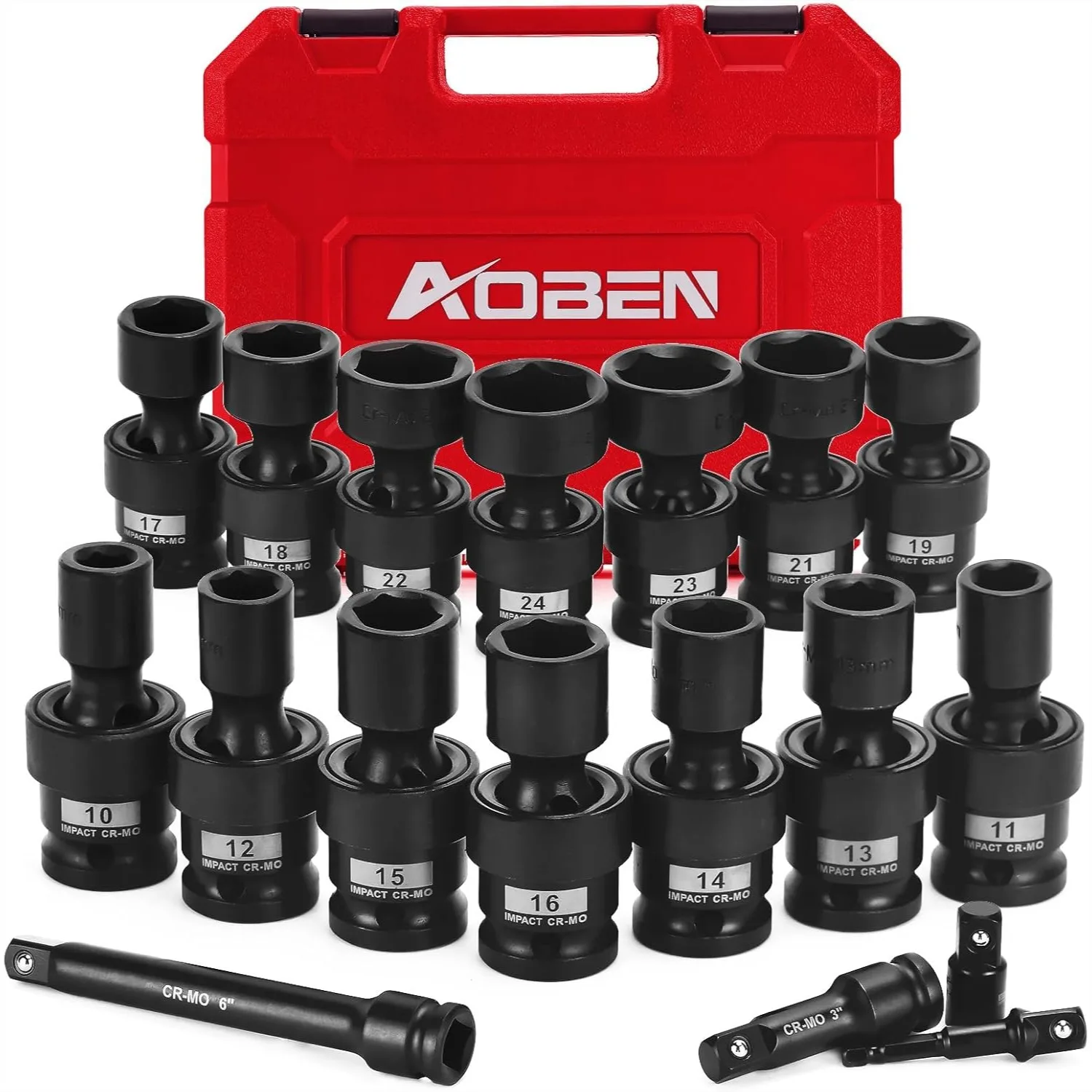 1/2" Drive Impact Socket Set, 18 Pcs Shallow Swivel Universal Wobble, Metric 10-24mm, Cr-V Steel with Extension Bars & Adapter
1/2" Drive Impact Socket Set, 18 Pcs Shallow Swivel Universal Wobble, Metric 10-24mm, Cr-V Steel with Extension Bars & Adapter