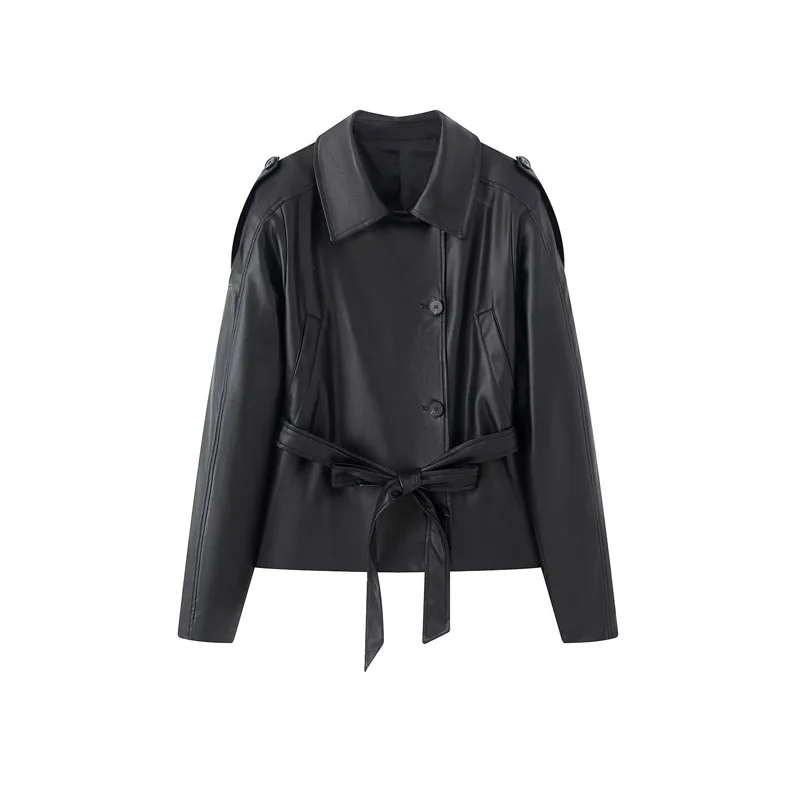 Black Leather Jacket Women's Short Coat with Belt Long Sleeve Fashionable European Style Polyester Fiber 4749743
Black Leather Jacket Women's Short Coat with Belt Long Sleeve Fashionable European Style Polyester Fiber 4749743