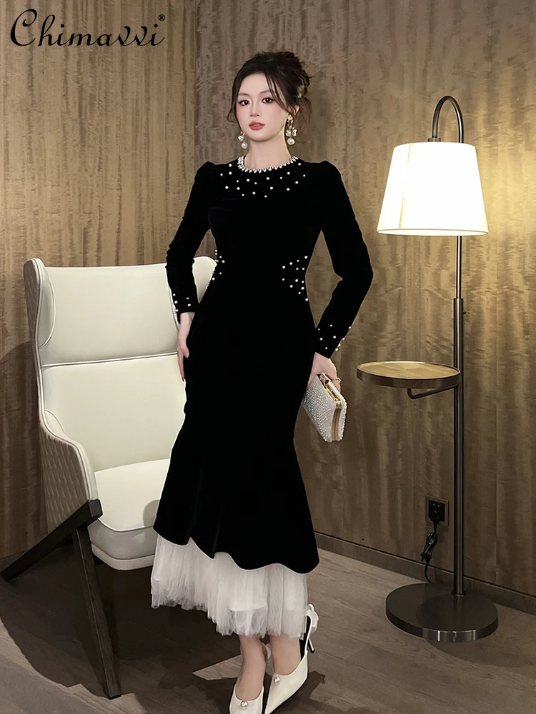French Elegant Hepburn Style Black Velvet Bodycon Dress Beading Round Neck Long Sleeves Mesh Spliced Fishtail Long Dress Women
French Elegant Hepburn Style Black Velvet Bodycon Dress Beading Round Neck Long Sleeves Mesh Spliced Fishtail Long Dress Women