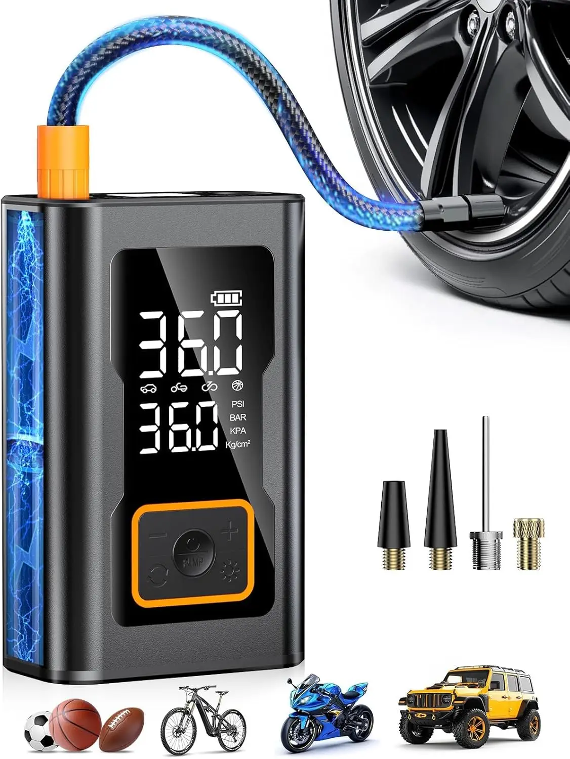 Portable Tire Inflator, Rechargeable Air Pump with Digital Gauge & LED Light for Car & Bicycle
Portable Tire Inflator, Rechargeable Air Pump with Digital Gauge & LED Light for Car & Bicycle