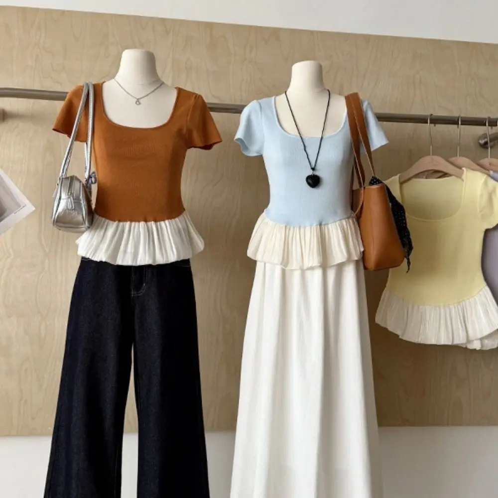 Breathable Short Sleeve Summer Knitted T-Shirt Slim Fit U-neck Sweet Crop Tops Patchwork Korean Style Mesh Ruffle T-Shirt Lady
Breathable Short Sleeve Summer Knitted T-Shirt Slim Fit U-neck Sweet Crop Tops Patchwork Korean Style Mesh Ruffle T-Shirt Lady