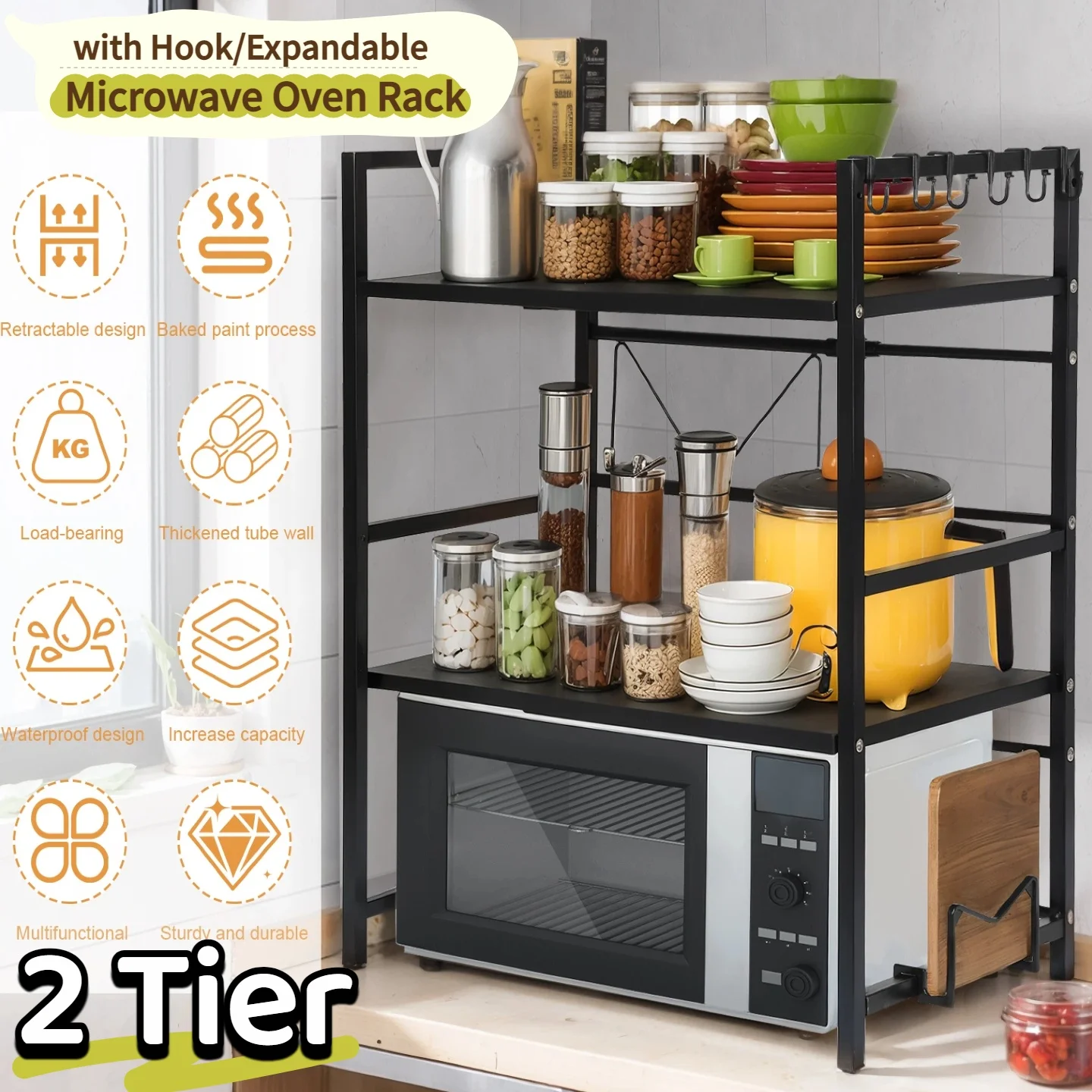 2 Tier Microwave Oven Rack Expandable Microwave Stand Countertop Kitchen Utensils Tableware Storage Shelf Countertop with Hooks