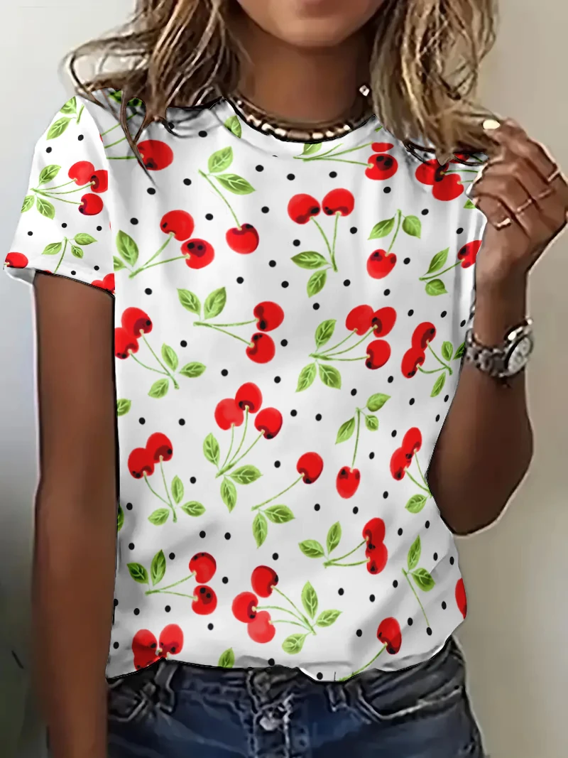 2024 New Summer Women T shirts Fashion Elegant 3D Cherry Pattern Print T Shirts For Ladies Casual Short Sleeve O-Neck Tops Tees
2024 New Summer Women T shirts Fashion Elegant 3D Cherry Pattern Print T Shirts For Ladies Casual Short Sleeve O-Neck Tops Tees