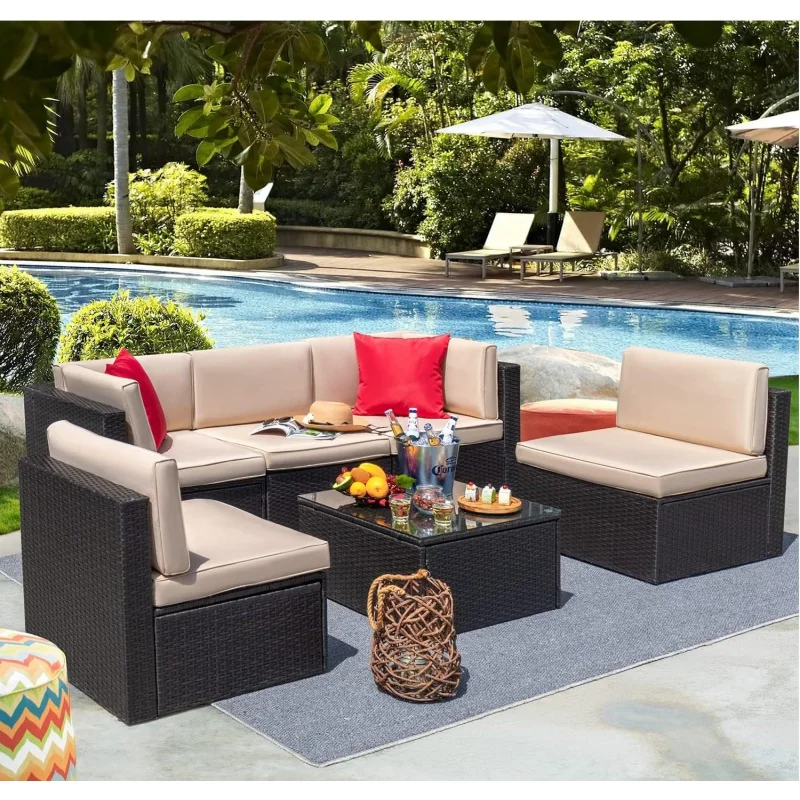 6-Piece Beige Rattan Patio Set, Manual Weaving Wicker Sectional Sofa/ Glass Table & Cushions, Fade-Resistant Outdoor Conversat
6-Piece Beige Rattan Patio Set, Manual Weaving Wicker Sectional Sofa/ Glass Table & Cushions, Fade-Resistant Outdoor Conversat