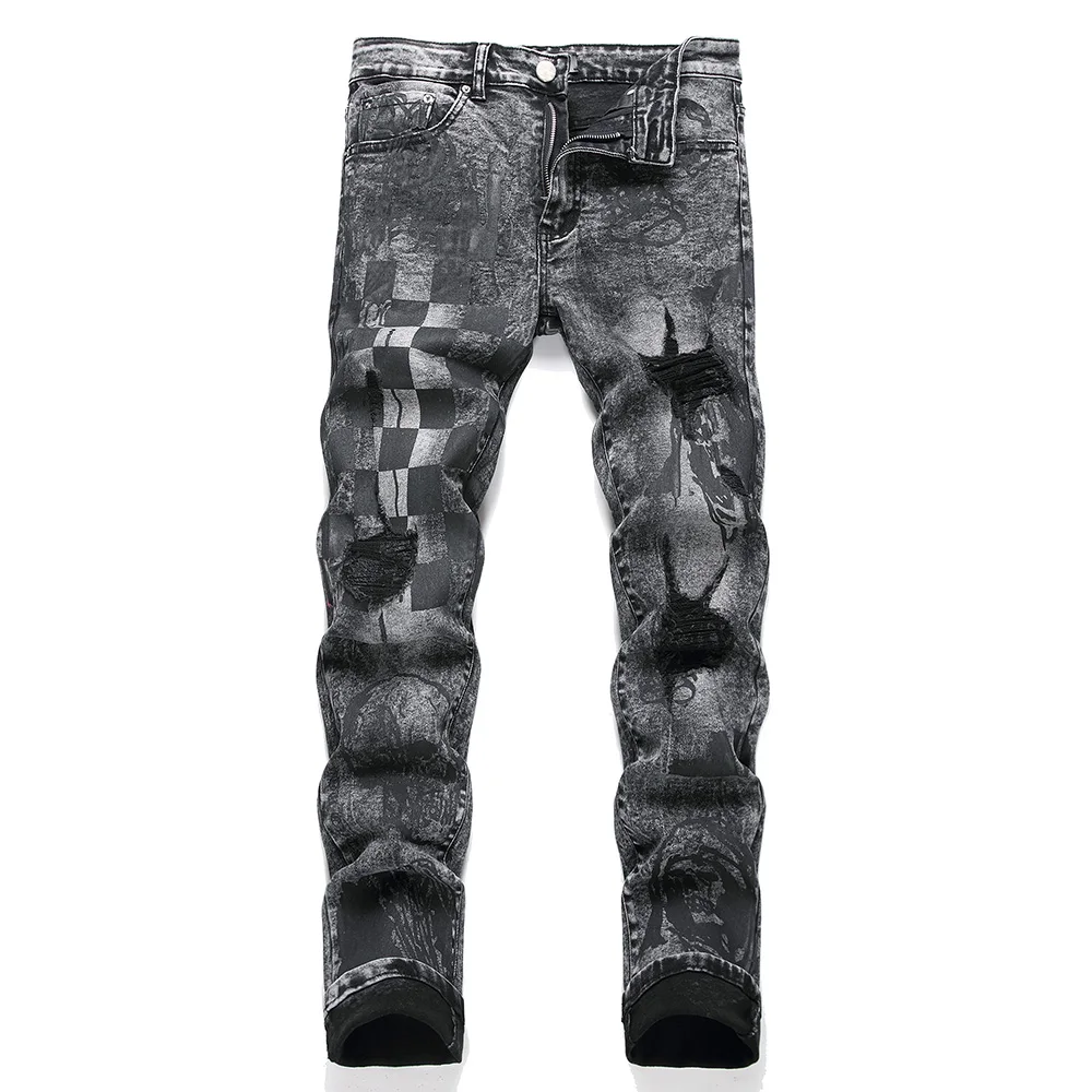 Men Skull Plaid Check Print Denim Jeans Streetwear Holes Ripped Stretch Pants Black Slim Straight Trousers
Men Skull Plaid Check Print Denim Jeans Streetwear Holes Ripped Stretch Pants Black Slim Straight Trousers
