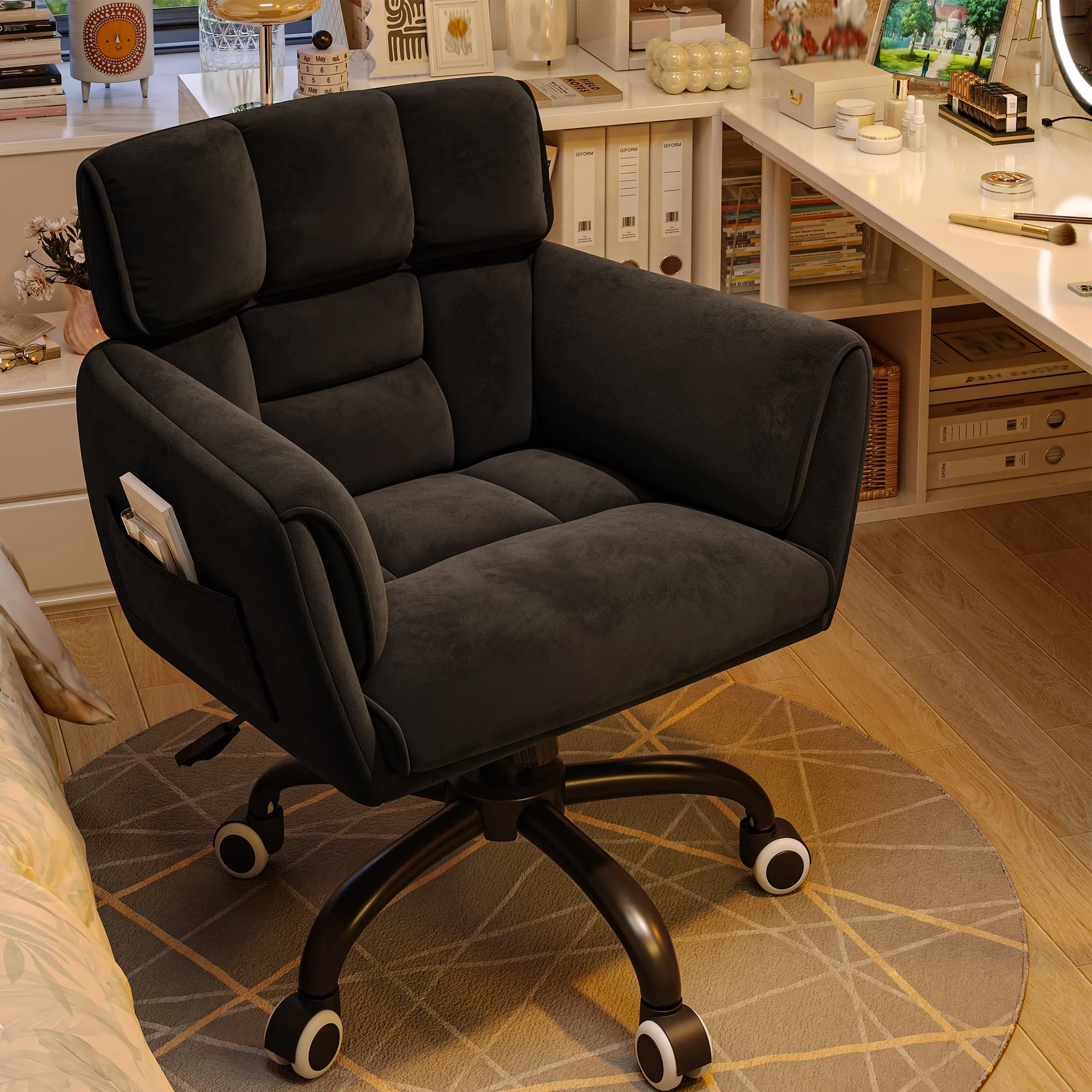 Home Office Chair with Arms Wheels Square Leisure Vanity Chair Adjustable Height Makeup Chair Soft-Touch Desk Chair for Bedroom
Home Office Chair with Arms Wheels Square Leisure Vanity Chair Adjustable Height Makeup Chair Soft-Touch Desk Chair for Bedroom