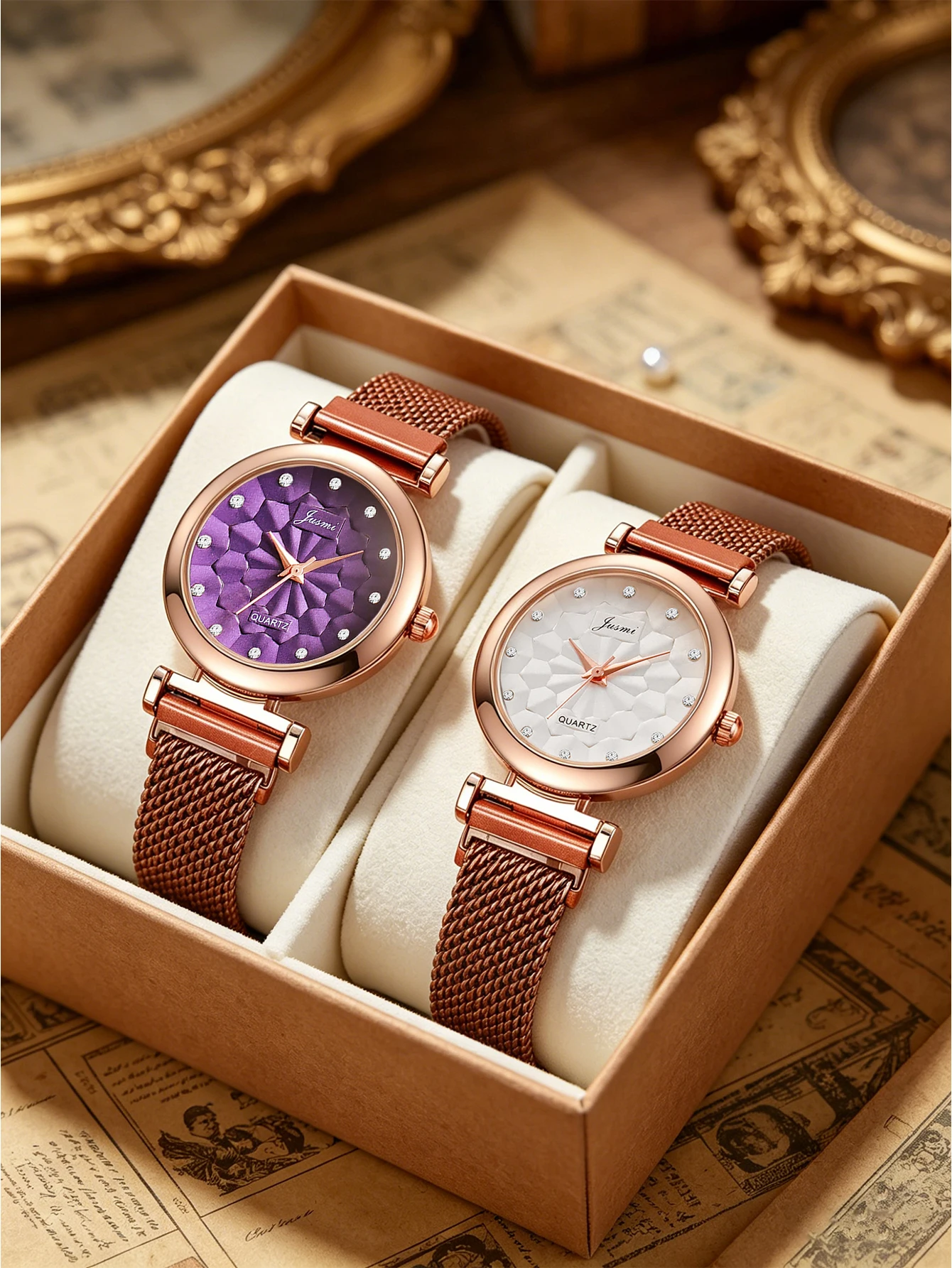 2Pcs Women Rose Gold Mesh Magnetic Watch Set Crystal Diamond Faceted Dial Quartz Wristwatch Luxury Ladies Dress Watch
2Pcs Women Rose Gold Mesh Magnetic Watch Set Crystal Diamond Faceted Dial Quartz Wristwatch Luxury Ladies Dress Watch