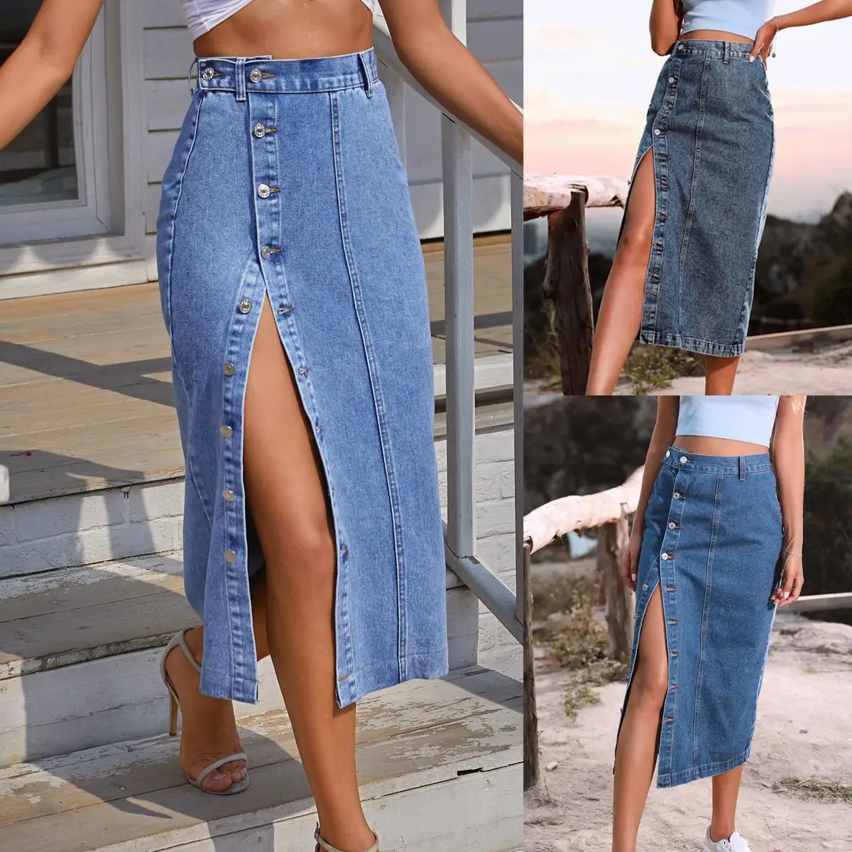 Women's European and American casual button irregular slit denim high waisted denim half length long skirt
Women's European and American casual button irregular slit denim high waisted denim half length long skirt