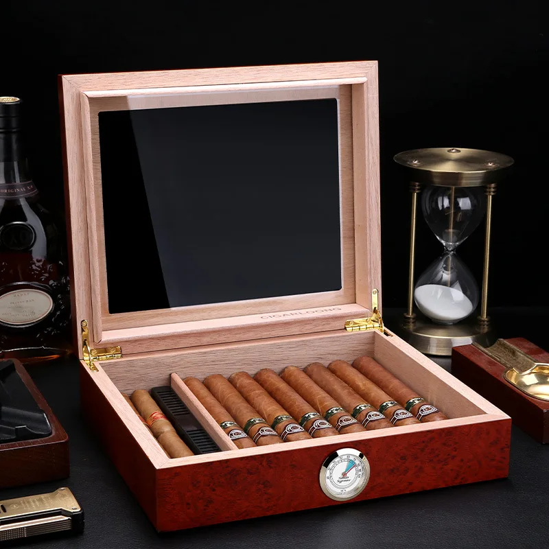 Glass Top Cigar Humidor Box with Piano Lacquer Finish, Large Capacity Spanish Cedar Wood Cigar Case with Humidifier &Hygrometer
Glass Top Cigar Humidor Box with Piano Lacquer Finish, Large Capacity Spanish Cedar Wood Cigar Case with Humidifier &Hygrometer