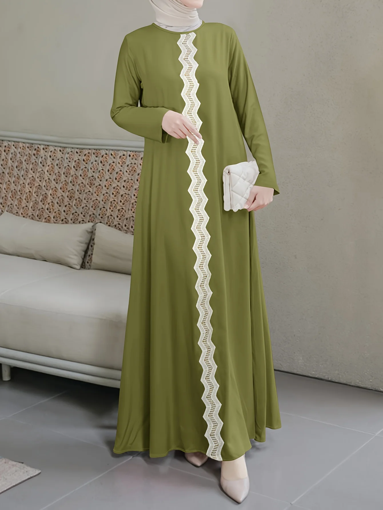 Women's fashion casual solid color Web embellished dress robe Middle East orientation
Women's fashion casual solid color Web embellished dress robe Middle East orientation